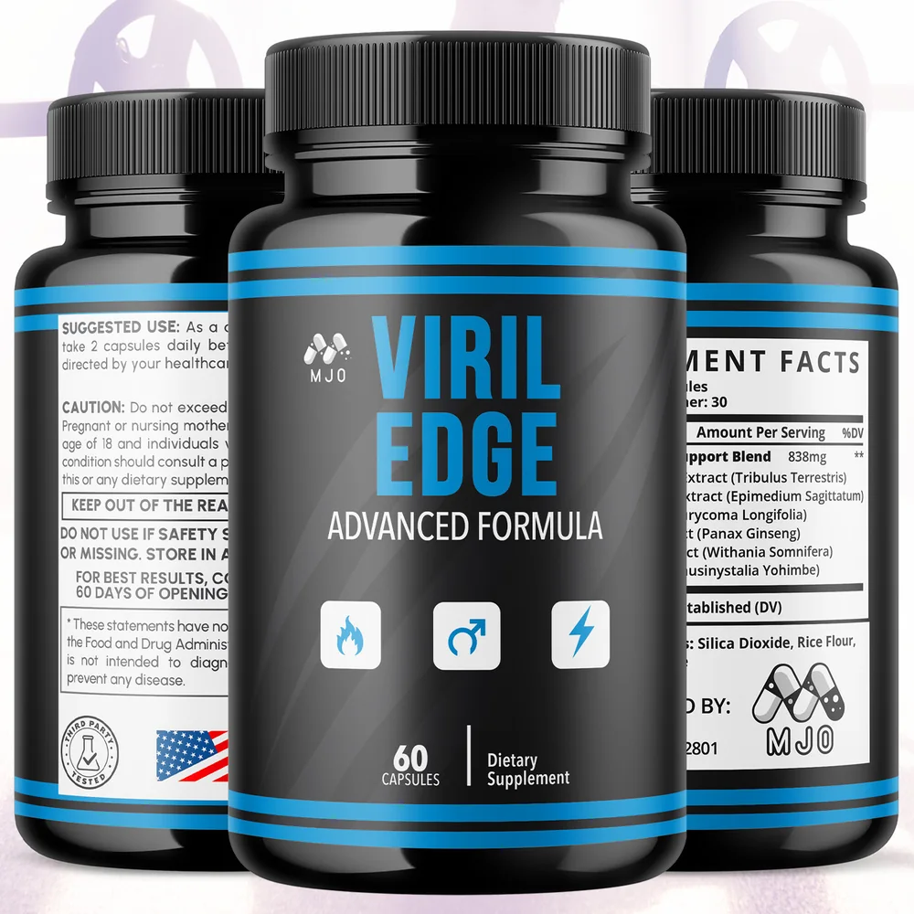 Three Viril Edge bottles showing the front label and the Supplement Facts panel with the 838 mg proprietary blend of tribulus, epimedium, eurycoma, panax ginseng, withania and yohimbe