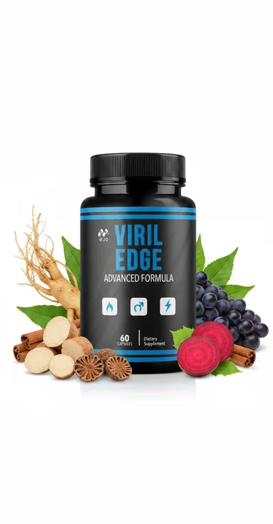 Viril Edge male vitality capsule bottle surrounded by ginseng root, berries, cinnamon bark and botanical extracts