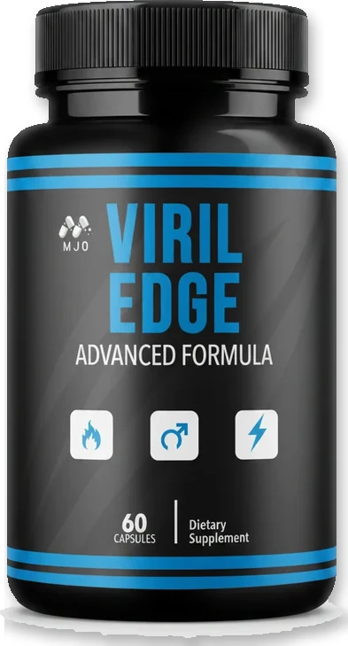 Viril Edge male vitality supplement bottle, front label with the Advanced Formula panel