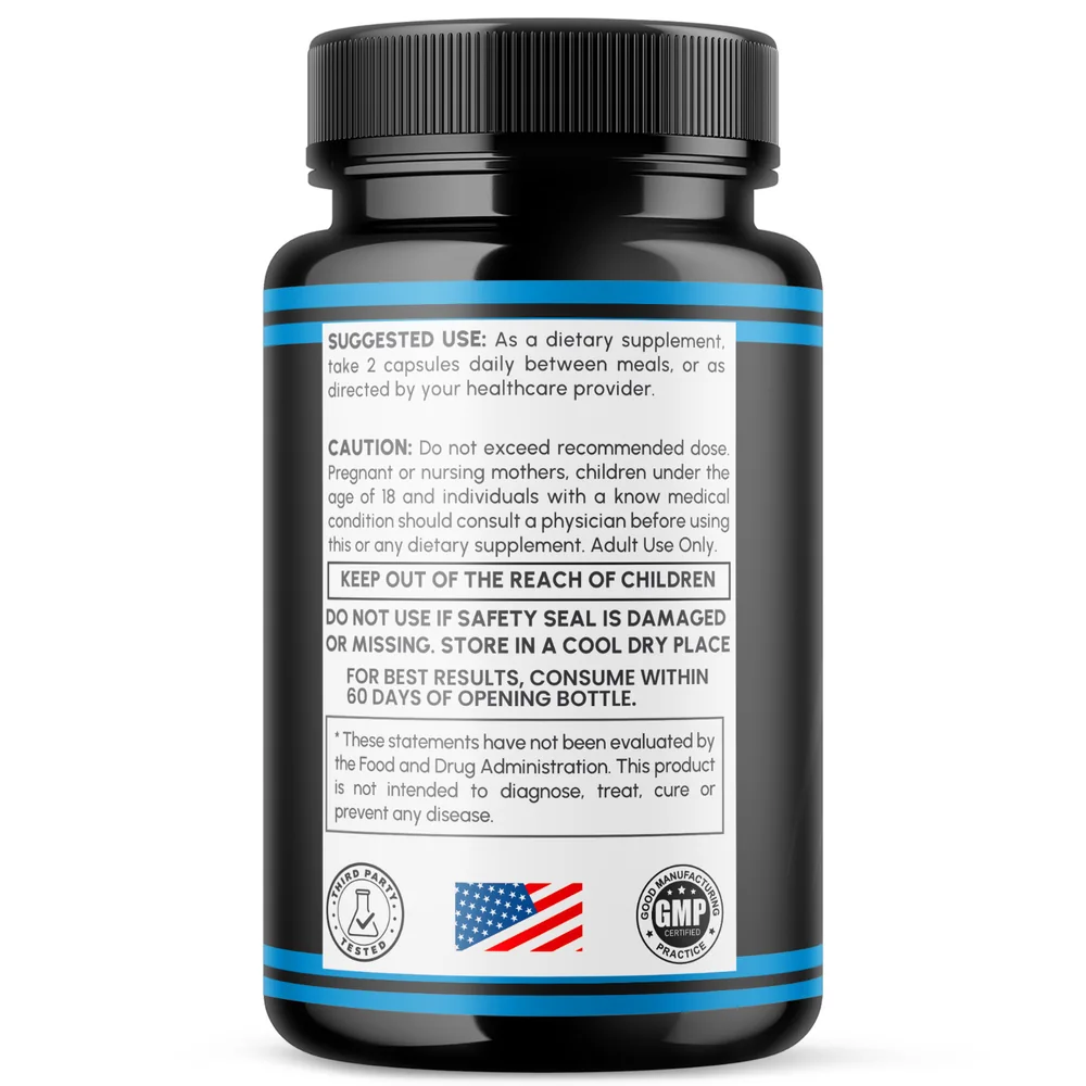 Viril Edge label panel showing the suggested use of two capsules daily between meals, the caution statement and the third-party tested, made in USA and GMP certified marks